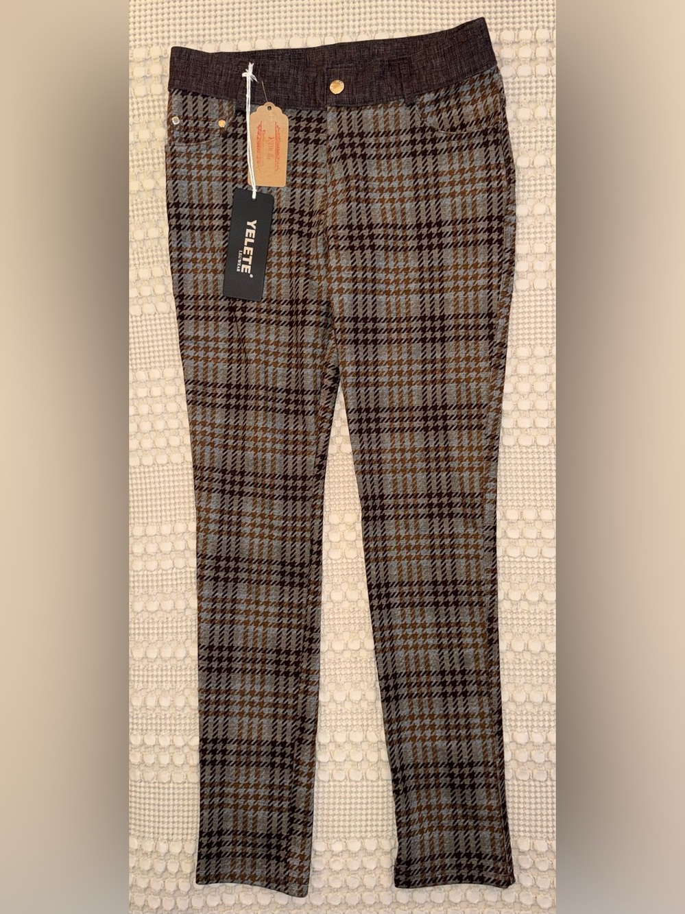 NWT Yelete Plaid Pull On Stretch Pants Brown Gray Black Size L